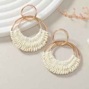 White Rafia Summery Circle Earrings with Golden Hardware